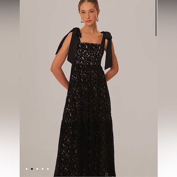 Farm Rio Black Velvet Lace Sleeveless Maxi Dress